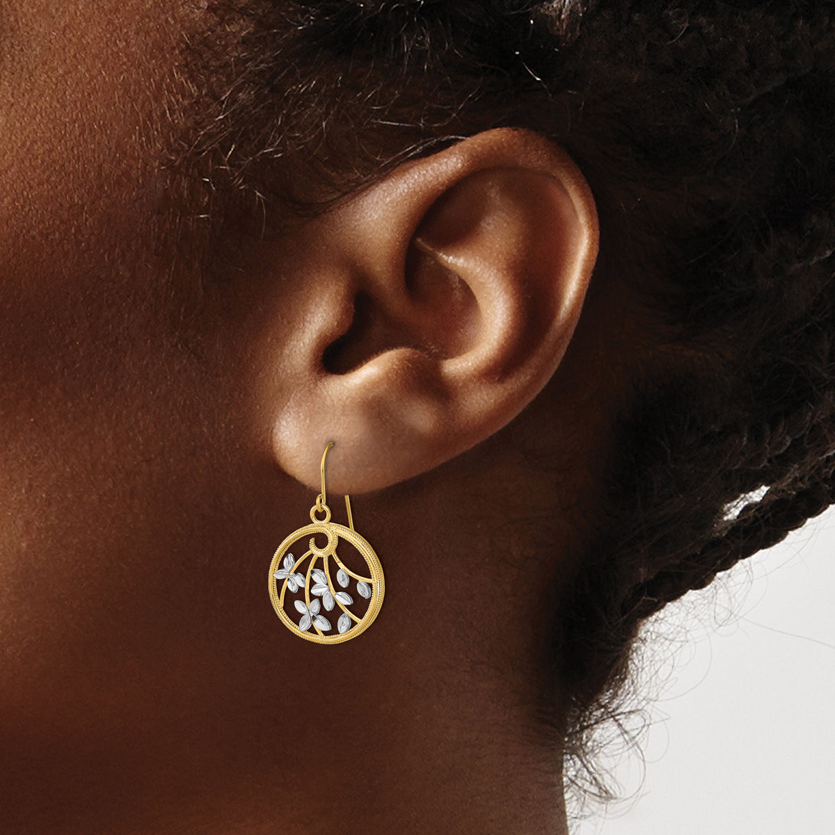 14K w/Rhodium D/C Leaves Round Dangle Earrings-TF1880