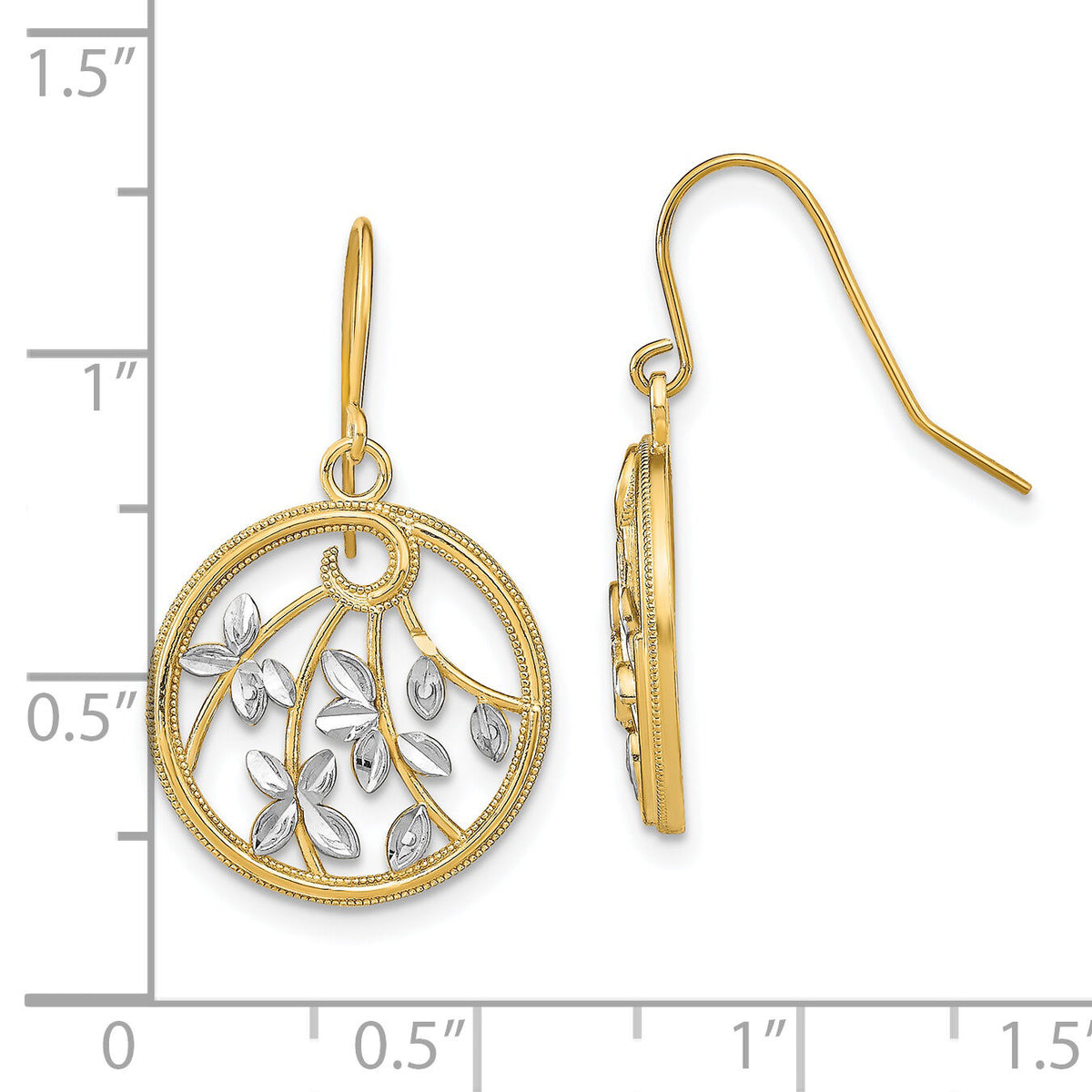 14K w/Rhodium D/C Leaves Round Dangle Earrings-TF1880