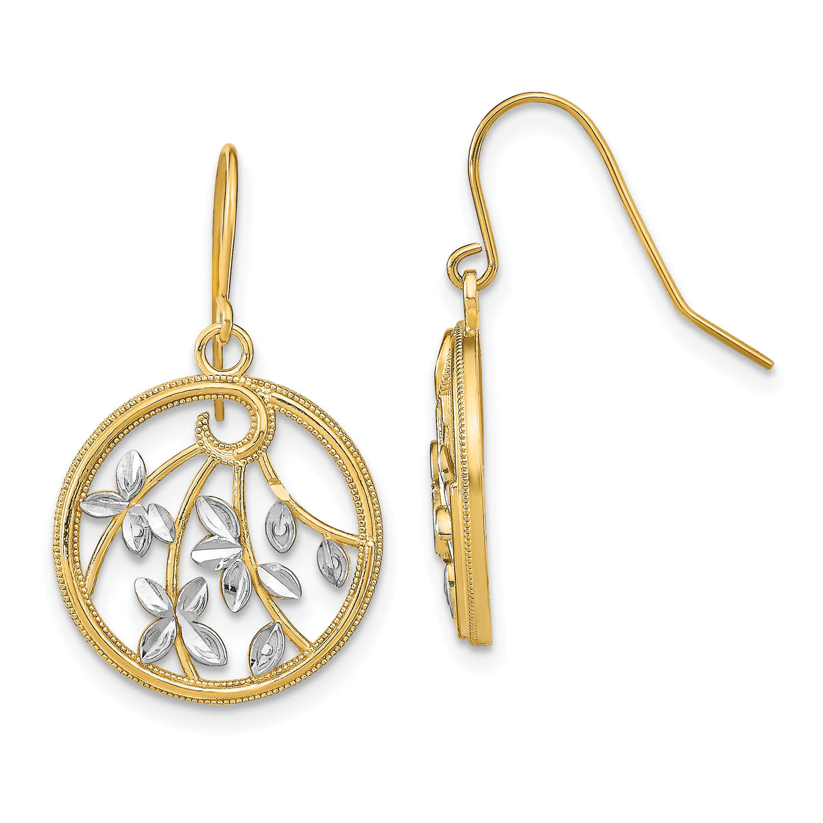 14K w/Rhodium D/C Leaves Round Dangle Earrings-TF1880