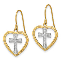 14K w/Rhodium Cross In Center Heart Earrings-TF1881