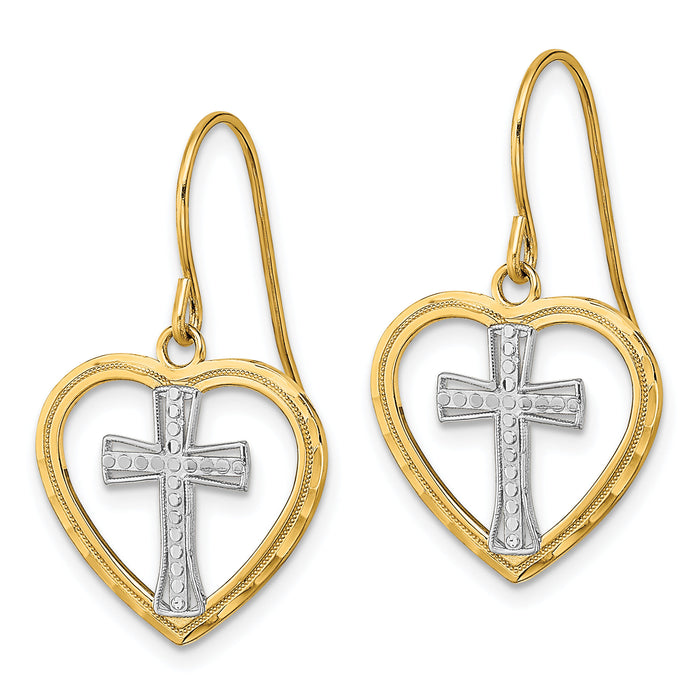 14K w/Rhodium Cross In Center Heart Earrings-TF1881