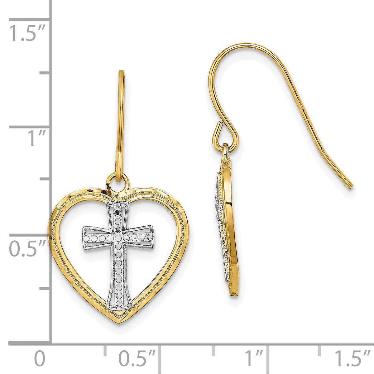 14K w/Rhodium Cross In Center Heart Earrings-TF1881