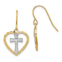 14K w/Rhodium Cross In Center Heart Earrings-TF1881