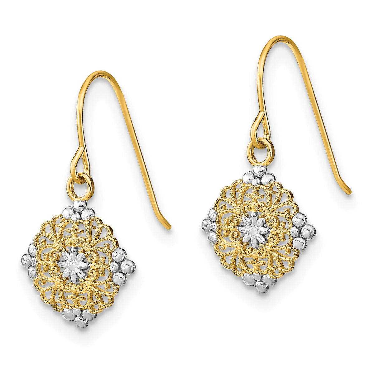 14K w/Rhodium D/C Center Mini Filigree Medallion Earrings-TF1890
