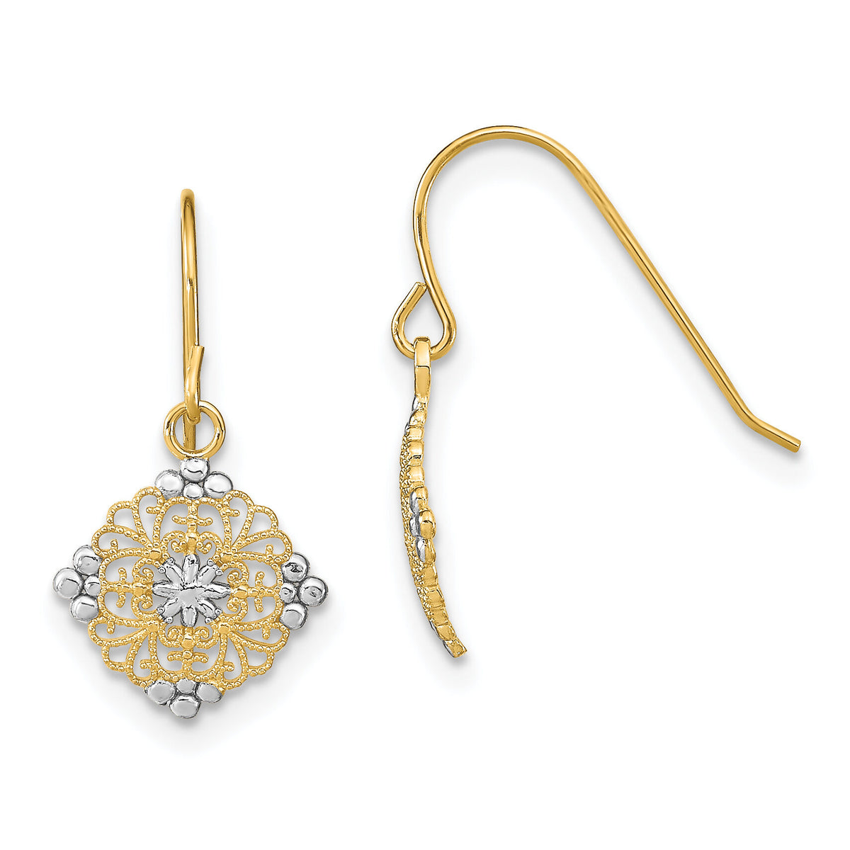14K w/Rhodium D/C Center Mini Filigree Medallion Earrings-TF1890