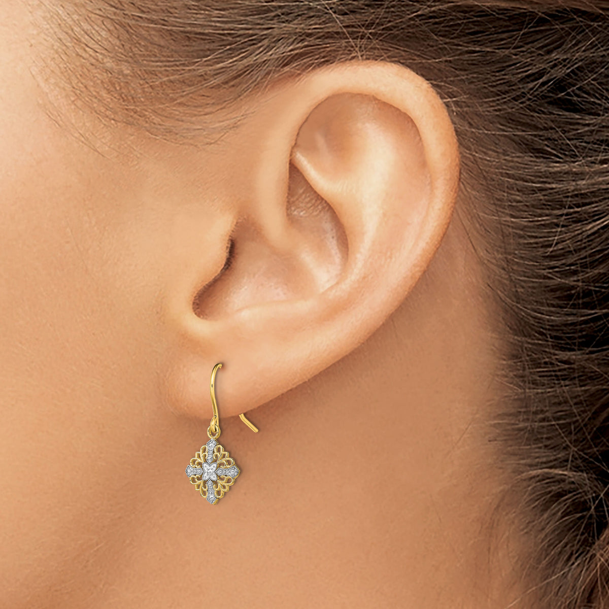 14K w/Rhodium Fancy Filigree Dangle Wire Earrings-TF1892