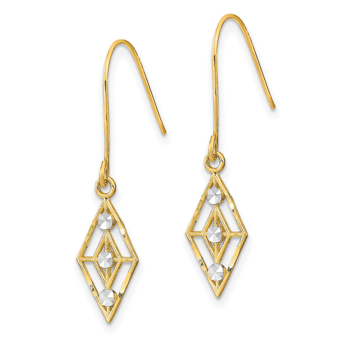 14K w/Rhodium Diamond-cut Small Diamond Shape Wire Earrings-TF1897