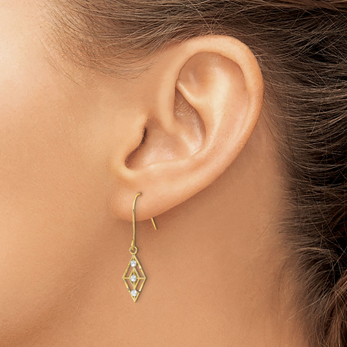 14K w/Rhodium Diamond-cut Small Diamond Shape Wire Earrings-TF1897