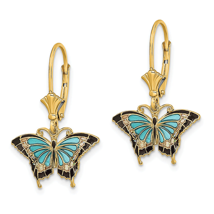 14K w/Aqua Enameled Wings Butterfly Leverback Earrings-TF1916