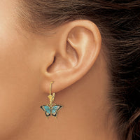 14K w/Aqua Enameled Wings Butterfly Leverback Earrings-TF1916