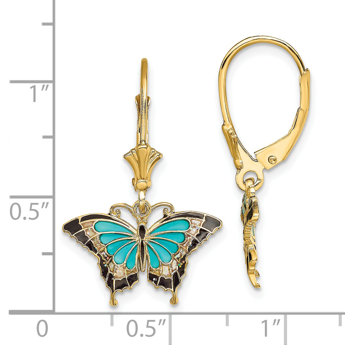 14K w/Aqua Enameled Wings Butterfly Leverback Earrings-TF1916