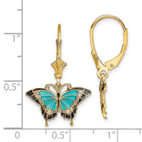 14K w/Aqua Enameled Wings Butterfly Leverback Earrings-TF1916