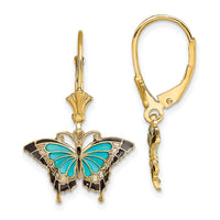 14K w/Aqua Enameled Wings Butterfly Leverback Earrings-TF1916