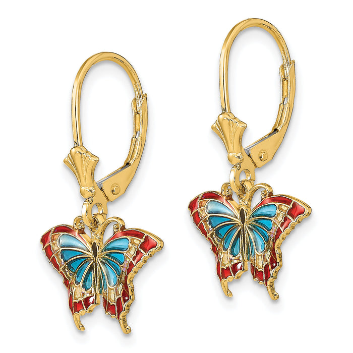 14k w/Blue and Red Enameled Wings Butterfly Leverback Earrings-TF1917