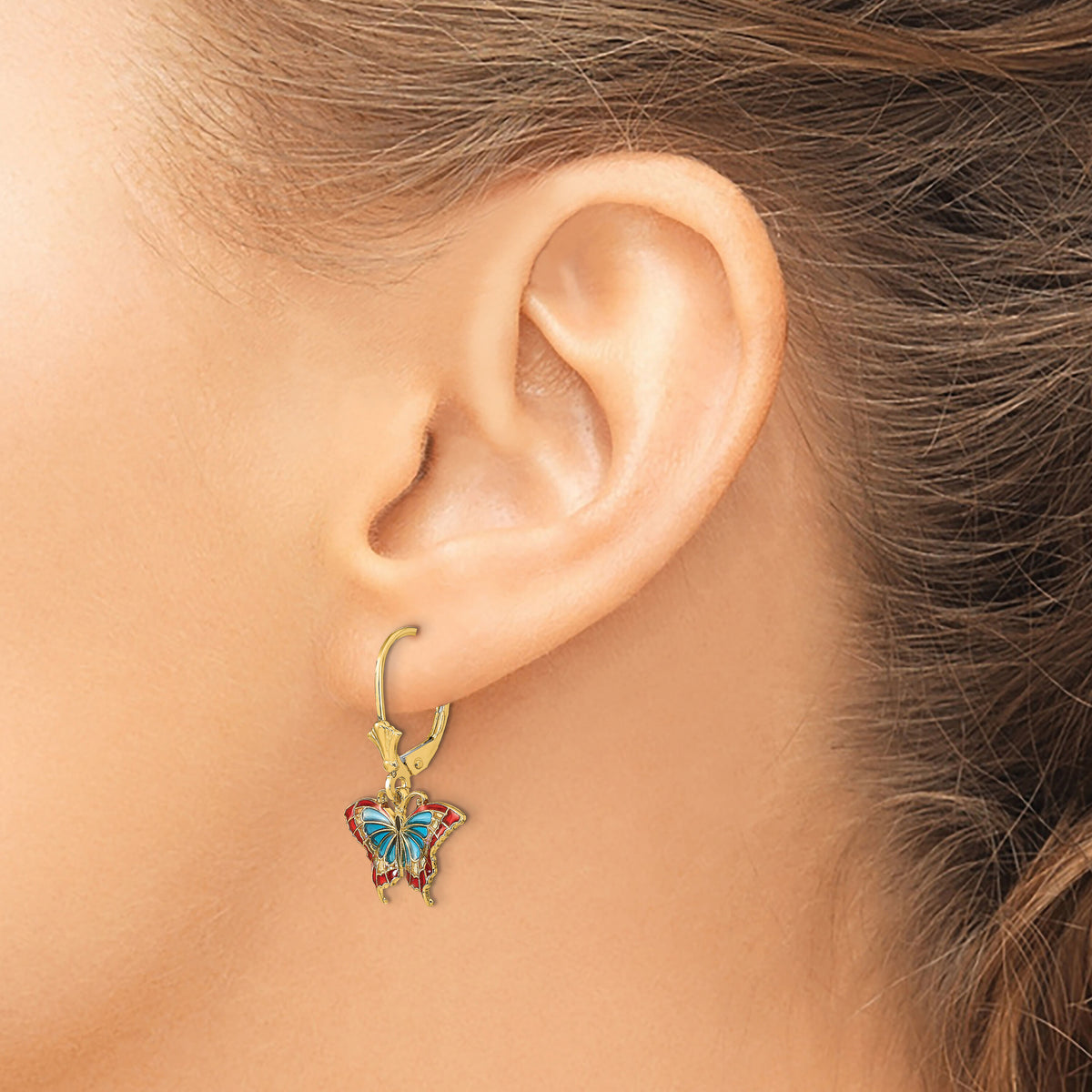 14k w/Blue and Red Enameled Wings Butterfly Leverback Earrings-TF1917
