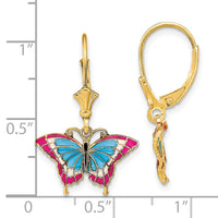 14k w/Blue and Red Enameled Wings Butterfly Leverback Earrings-TF1917