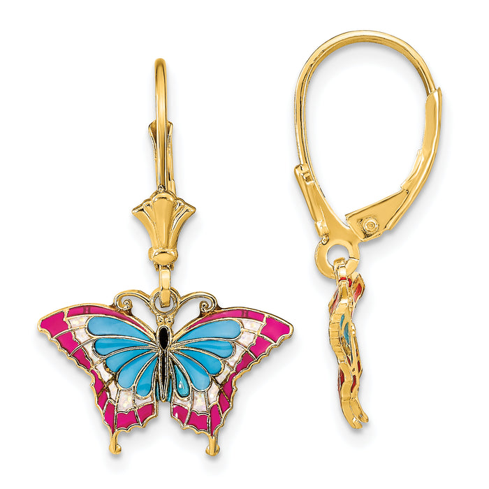 14k w/Blue and Red Enameled Wings Butterfly Leverback Earrings-TF1917