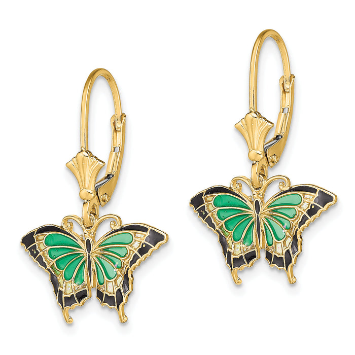 14K Butterfly w/ Green Enameled Wings Leverback Earrings-TF1918