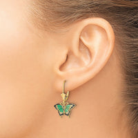 14K Butterfly w/ Green Enameled Wings Leverback Earrings-TF1918