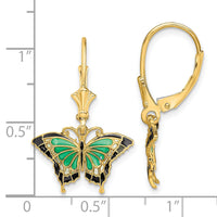 14K Butterfly w/ Green Enameled Wings Leverback Earrings-TF1918
