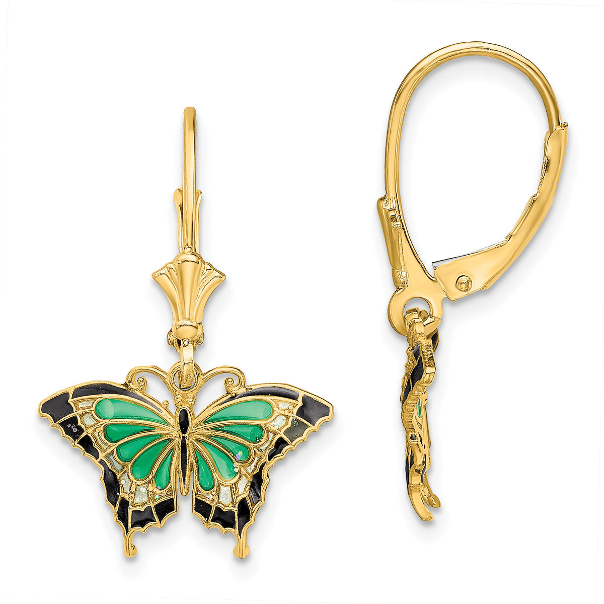 14K Butterfly w/ Green Enameled Wings Leverback Earrings-TF1918