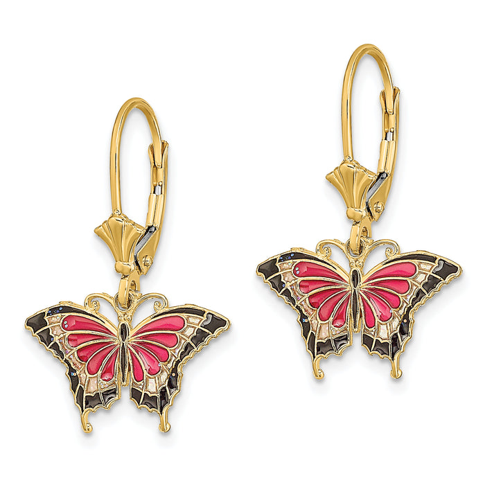 14K Pink Enameled Butterfly Leverback Earrings-TF1919