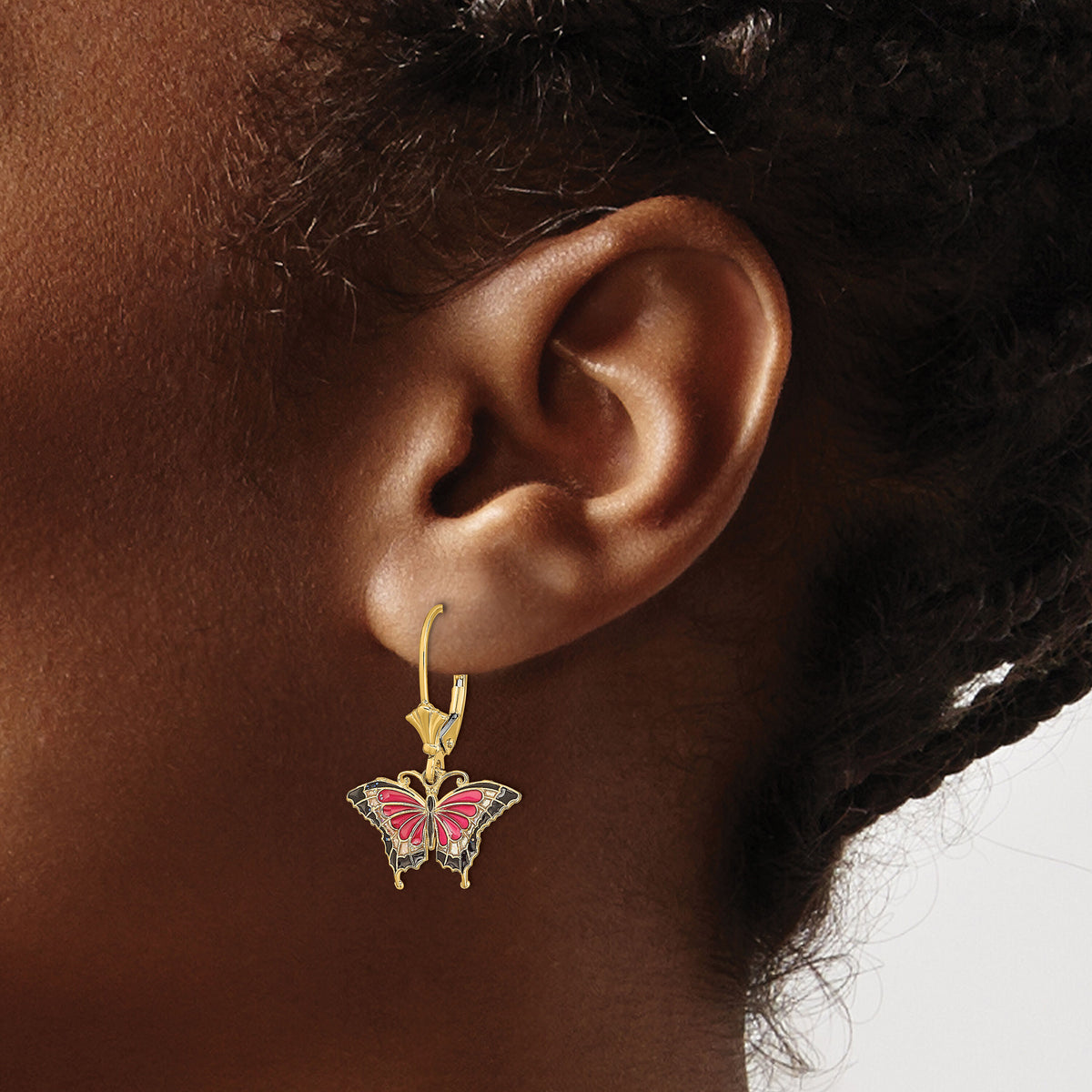 14K Pink Enameled Butterfly Leverback Earrings-TF1919