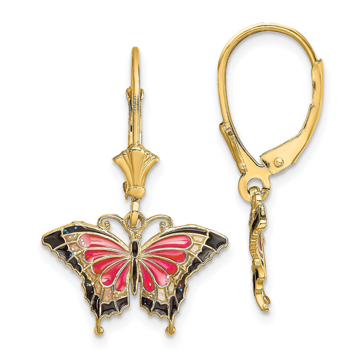 14K Pink Enameled Butterfly Leverback Earrings-TF1919