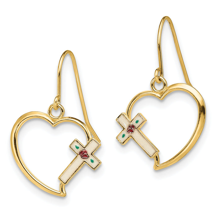 14K w/ Enamel Cross Heart Dangle Earrings-TF1921
