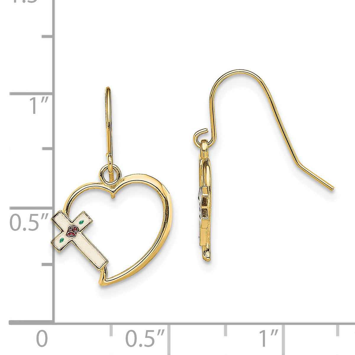 14K w/ Enamel Cross Heart Dangle Earrings-TF1921