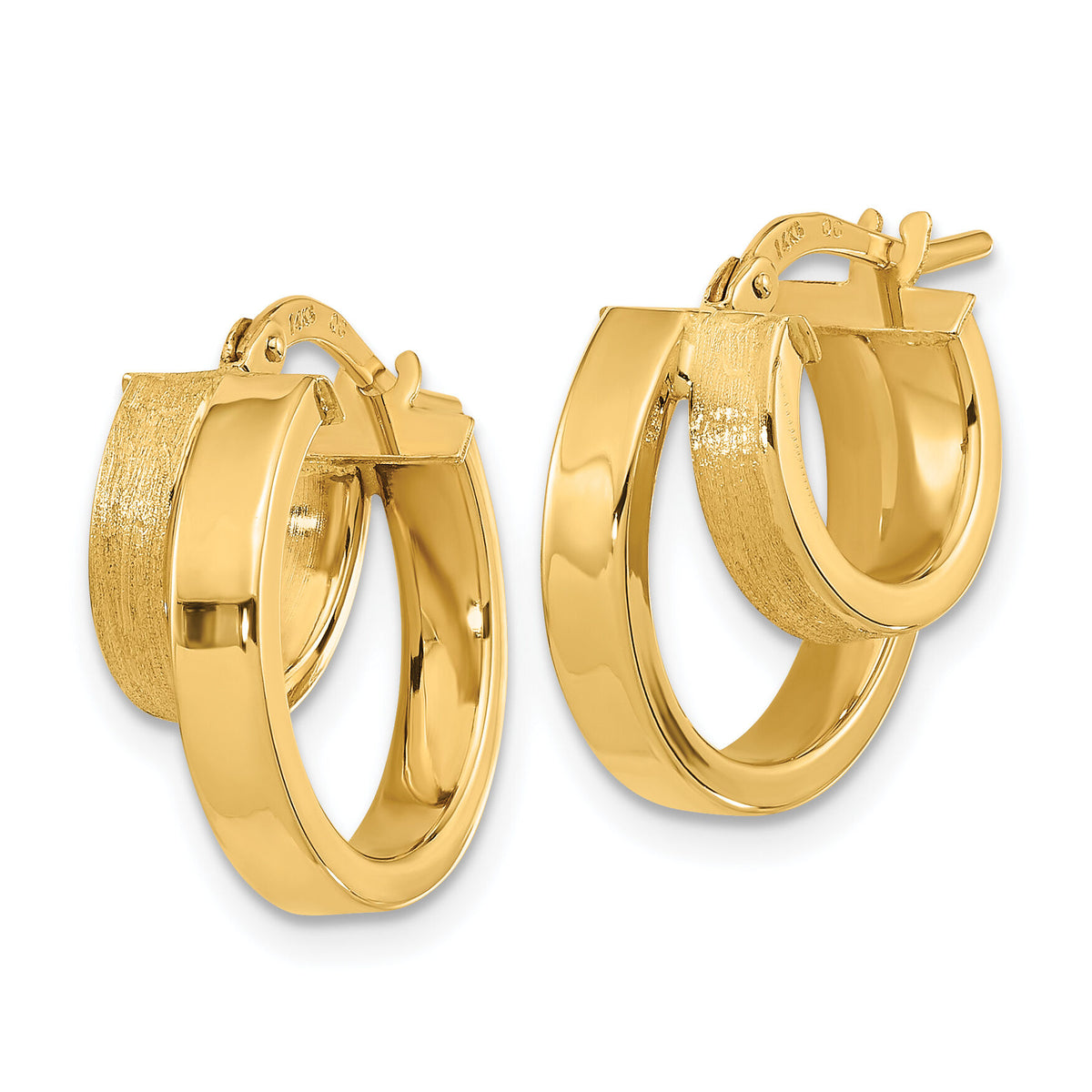 14K Polished and Brushed Square Tube Double Hoop Earrings-TF1963