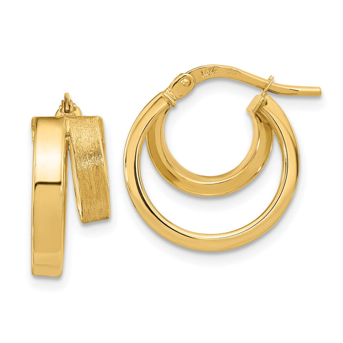 14K Polished and Brushed Square Tube Double Hoop Earrings-TF1963