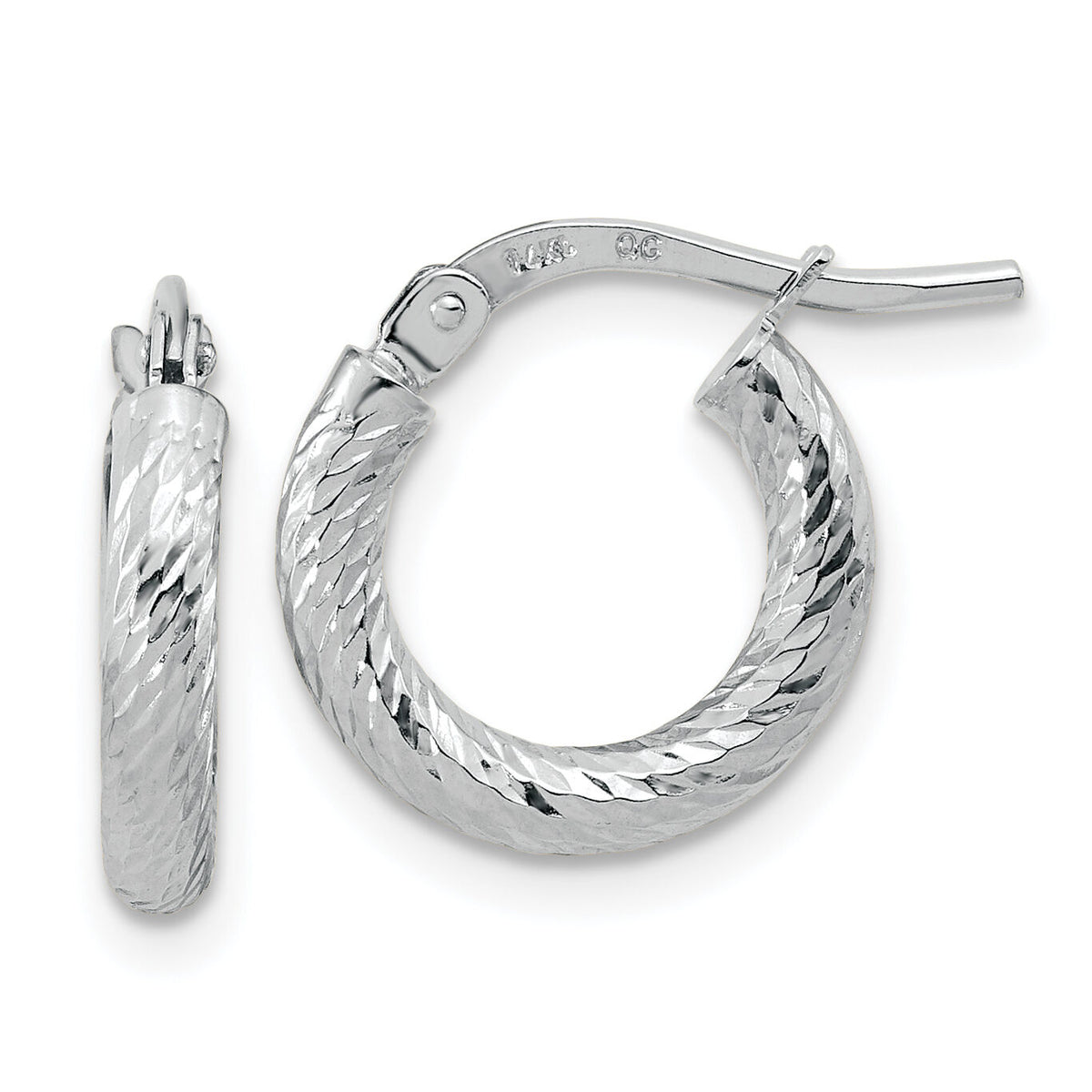 14k White Gold Polished Diamond-cut 2.4mm Hoop Earrings-TF1964W