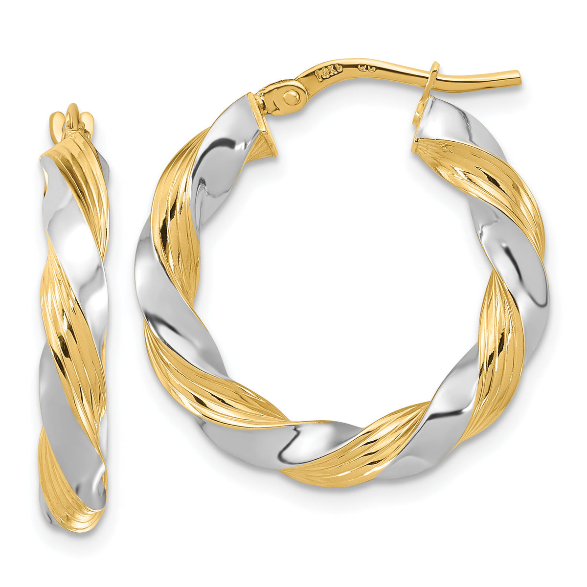 14k w/White Rhodium Polished Twisted Hoop Earrings-TF1967