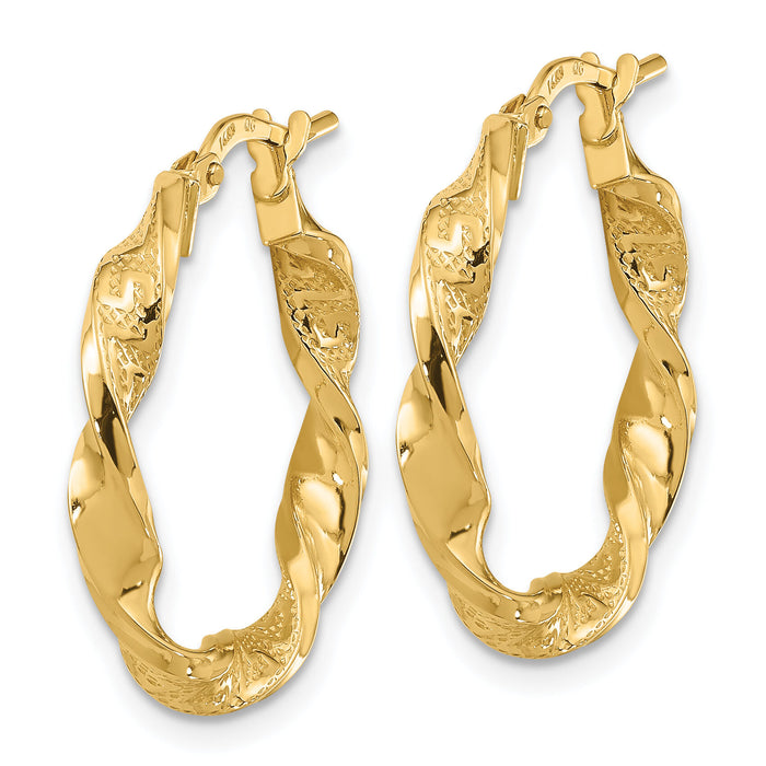14k Polished and Textured Twisted 3mm Hoop Earrings-TF1969