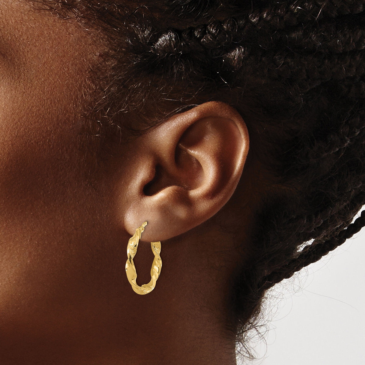14k Polished and Textured Twisted 3mm Hoop Earrings-TF1969