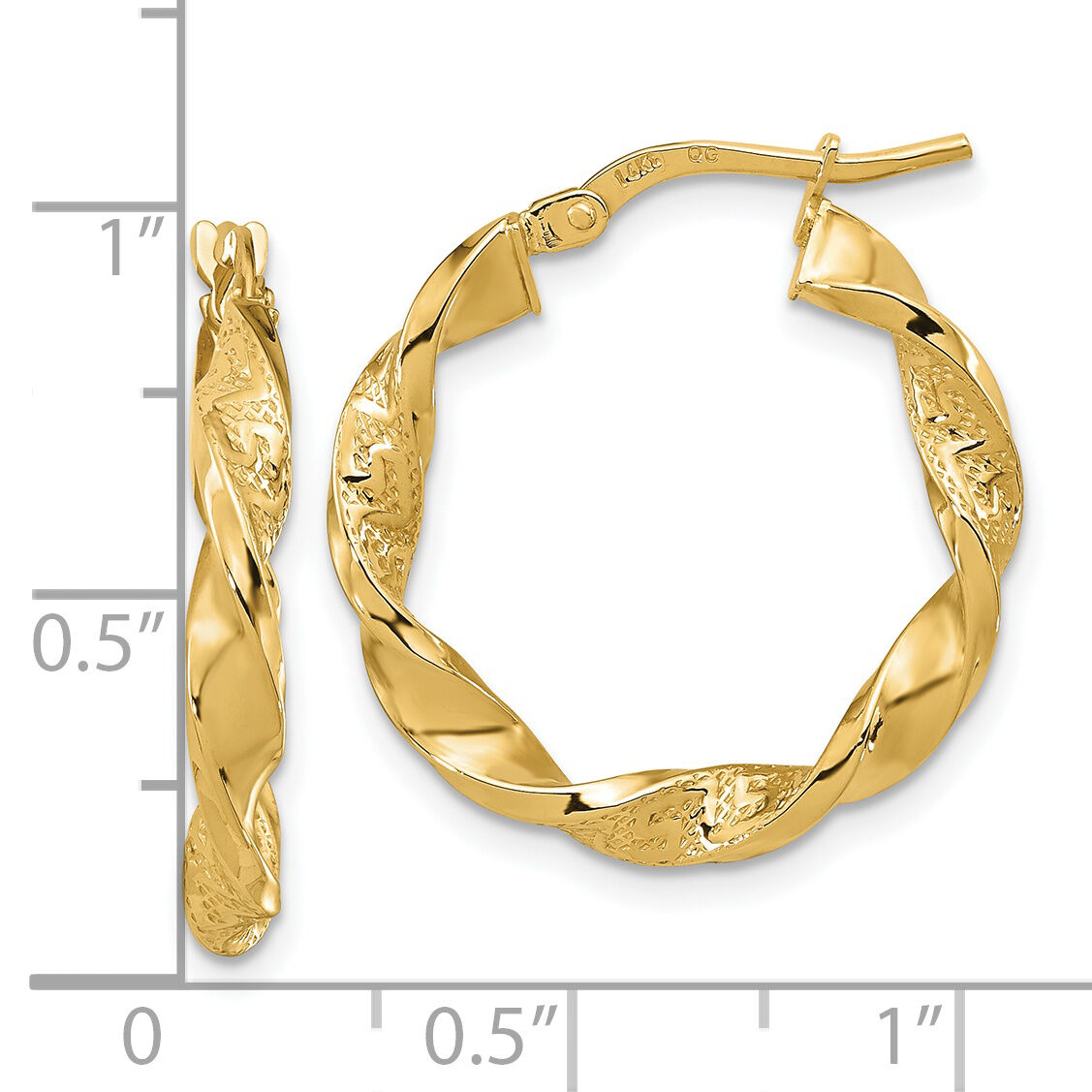 14k Polished and Textured Twisted 3mm Hoop Earrings-TF1969
