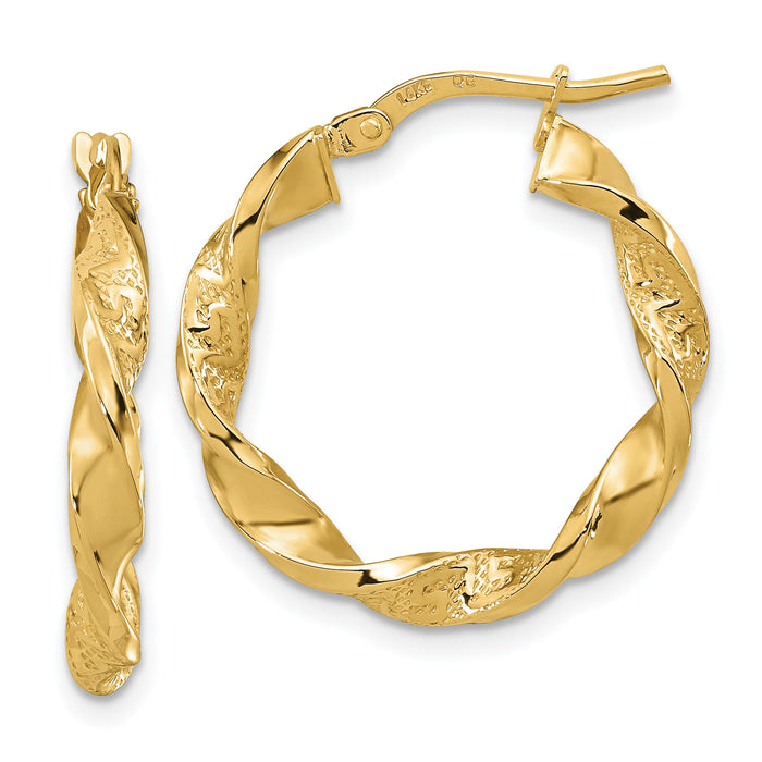 14k Polished and Textured Twisted 3mm Hoop Earrings-TF1969