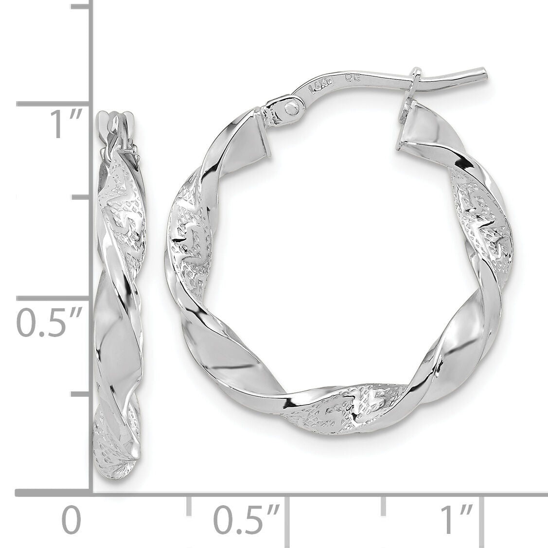 14k White Gold Polished and Textured Twisted Hoop Earrings-TF1969W