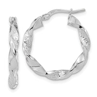 14k White Gold Polished and Textured Twisted Hoop Earrings-TF1969W