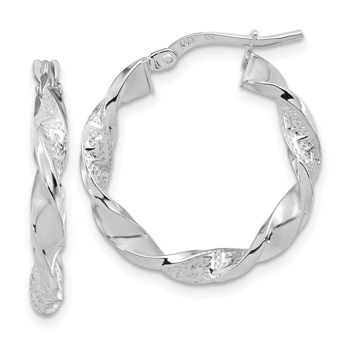 14k White Gold Polished and Textured Twisted Hoop Earrings-TF1969W
