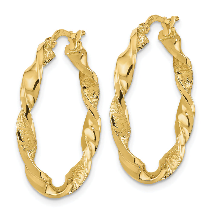 14k Polished and Textured Twisted Hoop Earrings-TF1970