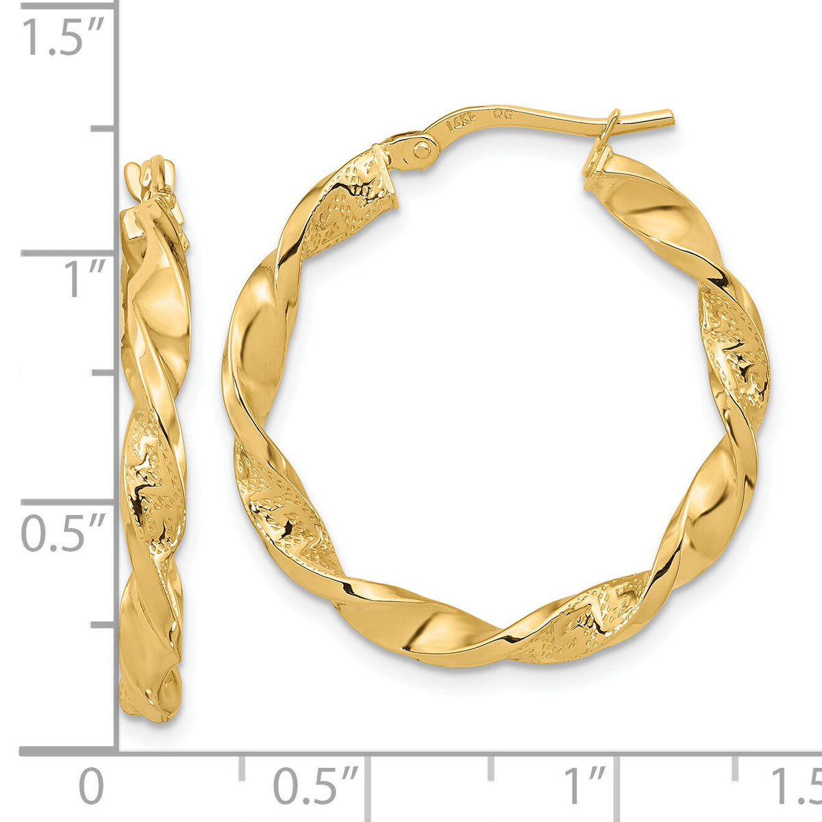 14k Polished and Textured Twisted Hoop Earrings-TF1970