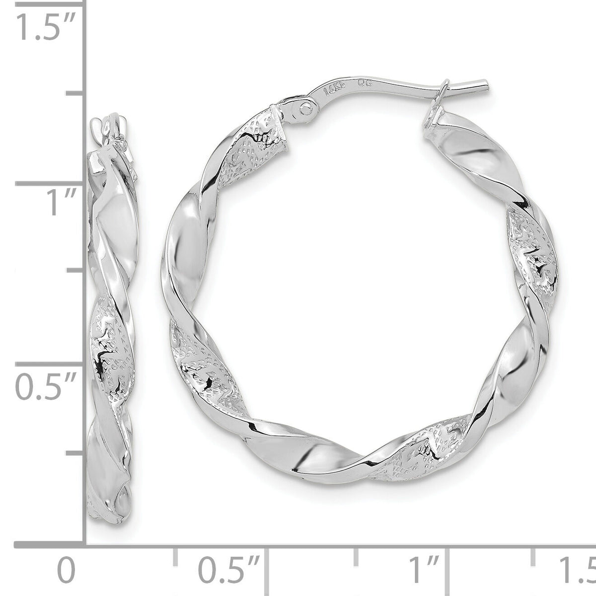 14k White Gold Polished and Textured Twisted Hoop Earrings-TF1970W