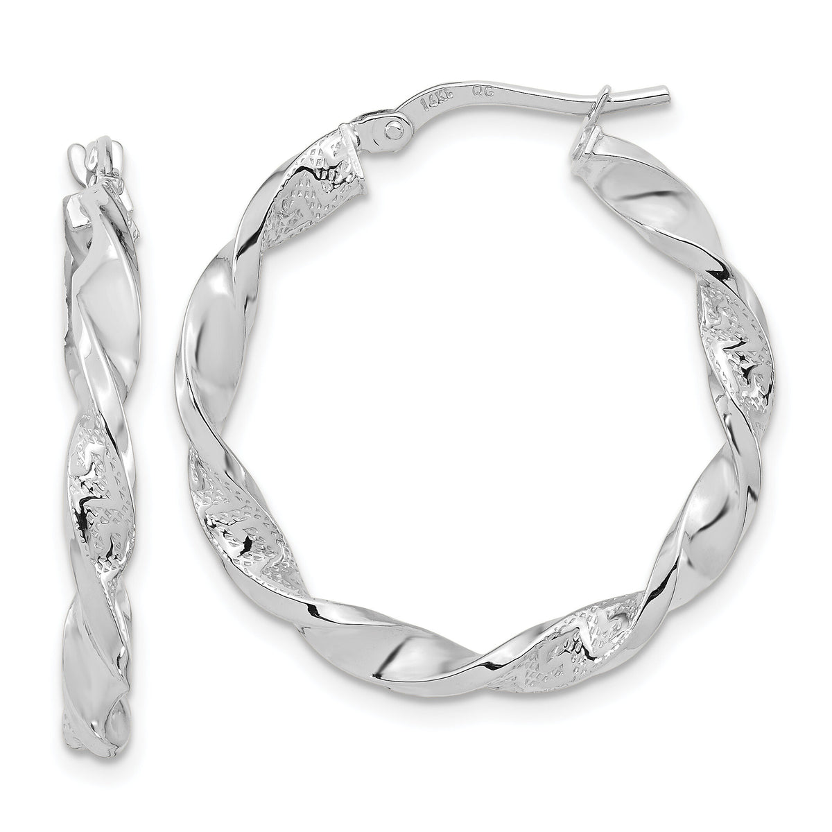 14k White Gold Polished and Textured Twisted Hoop Earrings-TF1970W