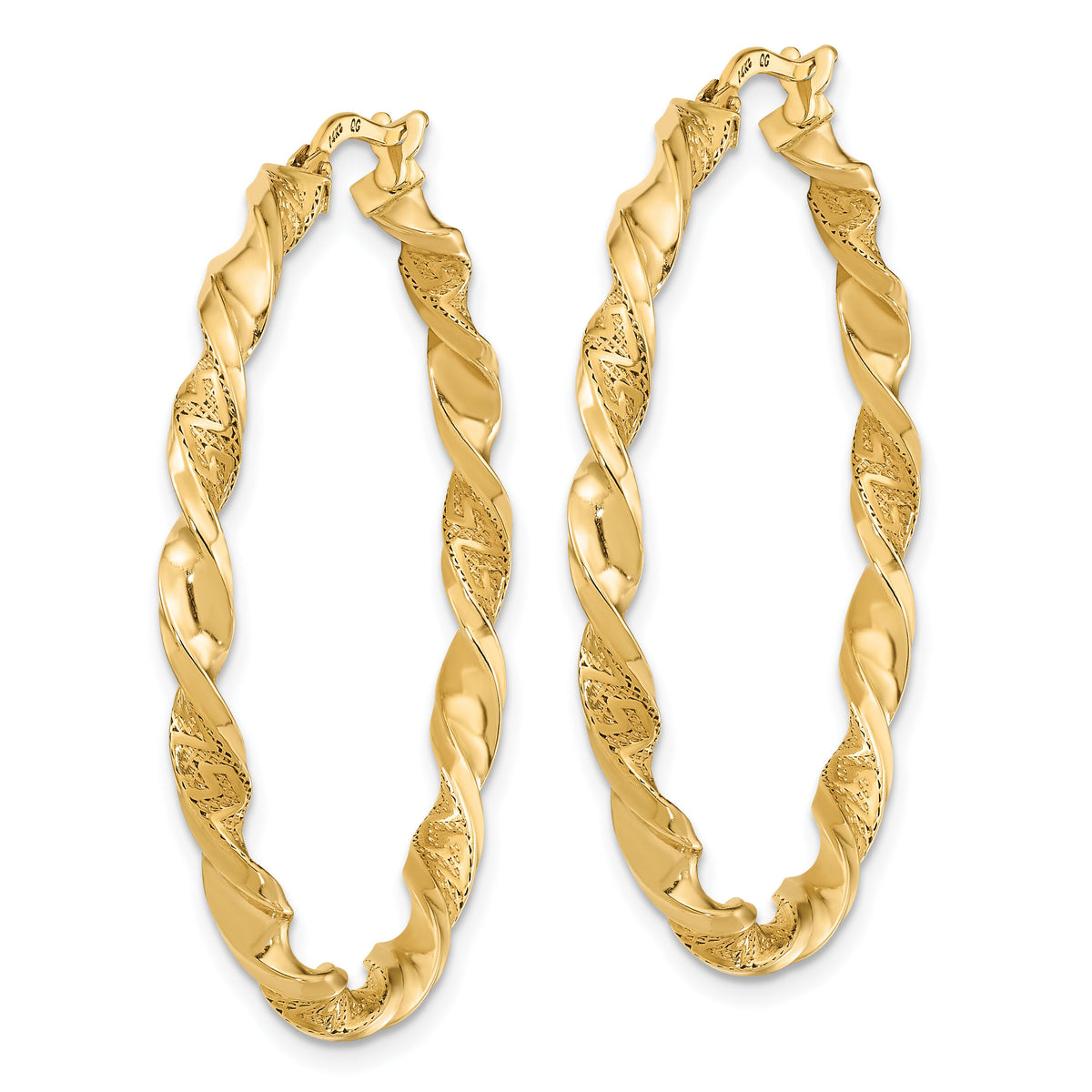 14K Polished and Textured Twisted Hoop Earrings-TF1971