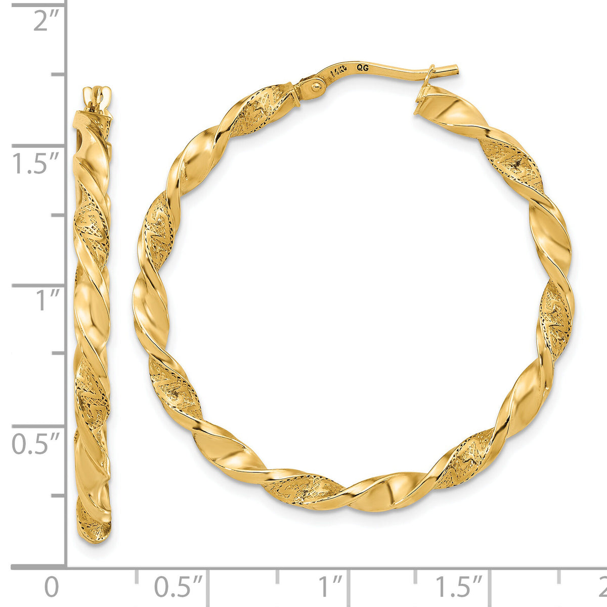 14K Polished and Textured Twisted Hoop Earrings-TF1971