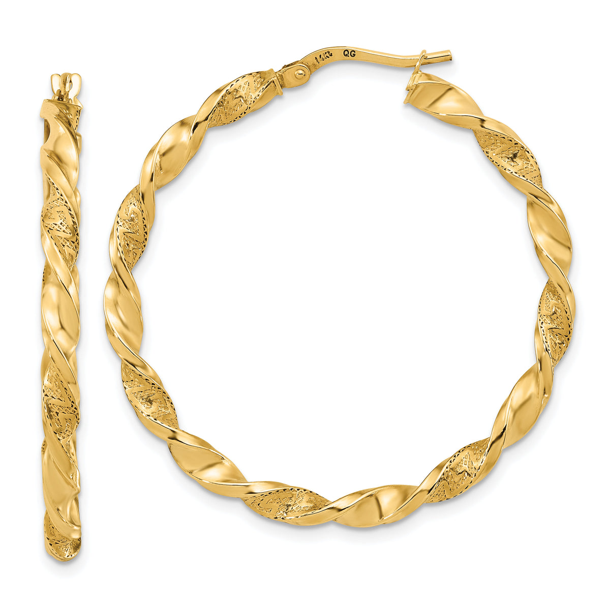 14K Polished and Textured Twisted Hoop Earrings-TF1971