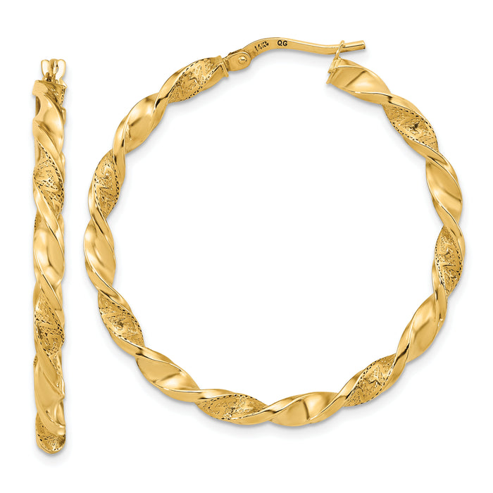 14K Polished and Textured Twisted Hoop Earrings-TF1971