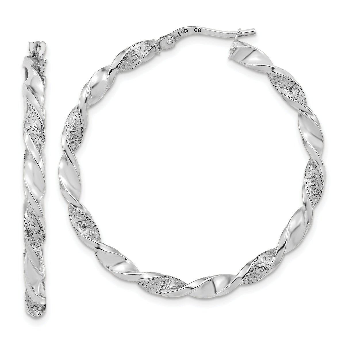 14k White Gold Polished and Textured Twisted Hoop Earrings-TF1971W